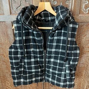 Oversized Plaid Puffer Vest with Hood